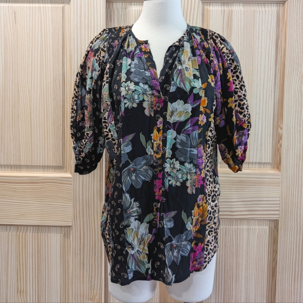 Johnny Was Jade collection Zane Easy silk dark floral blouse